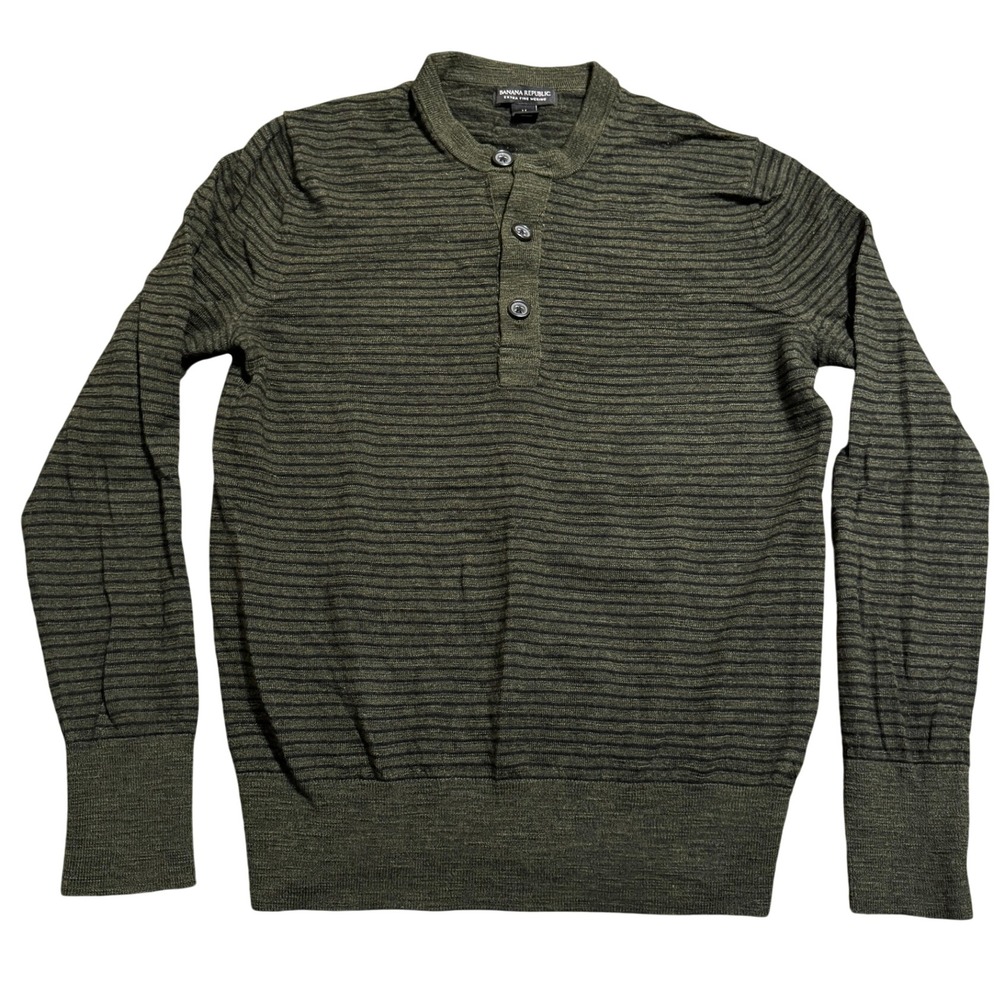 Banana Republic Stripe Slub Sweater Medium Green 100% Merino Extra Fine Wool